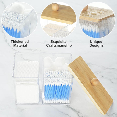 Wood Lid Qtip Holder Storage, Bathroom Cotton Ball Holder Canisters for Cotton Swab, Cotton Pad, Dental Floss Organizer, Hair Bands Container for Vanity Countertop -Clear