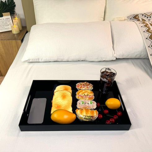 Glossy Black Sturdy Acrylic Serving Tray with Handles, 12x20 Inch, Kitchen Countertop, Makeup Drawer Organizer