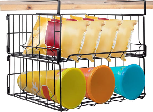 Under Shelf Storage Baskets, Foldable Carbon Steel Under Cabinet Basket for Kitchen Cabinets Pantries Bookshelves Desk, Space-Saving Storage Solution (Black, 2 Pack) by PowerKing