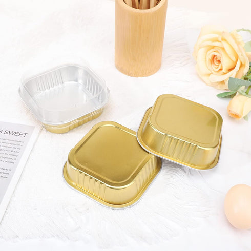 EUSOAR Cupcake Liners with Lids, 50pcs Gold Aluminum Foil Square Baking Cups for Muffin, Pie, Lava Cakes, Flan