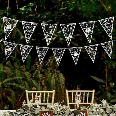 Cheerland 4 Pcs White Floral Lace Pennant Banner, Triangle Bunting Garland for Wedding, Bridal Shower, Anniversary Decor