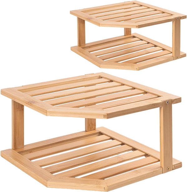 Bamboo Corner Shelf for Cabinet, Plate Organizer for Kitchen and Bathroom Countertop (2pc)