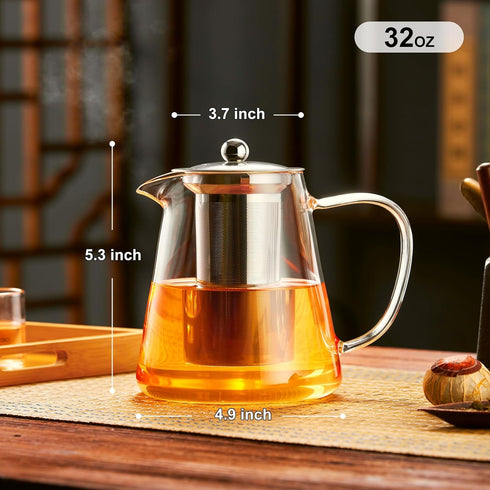 PARACITY Glass Teapot Stovetop 32 OZ, Borosilicate Clear Tea Kettle with Removable Stainless Steel Infuser for Tea