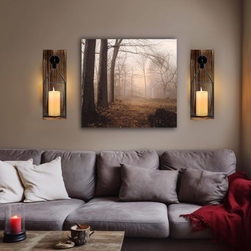 Candle Sconces Wall Decor: Farmhouse Wood Candle Holder Indoor Black Metal Lantern Decorations for Living Room Front