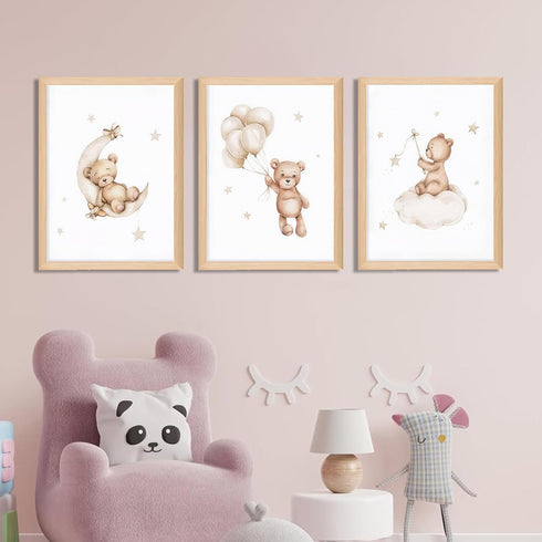 Set 3, 12x16 inch Framed Teddy Bear Wall Art Nursery Decor of Bear Sleeping on The Moon and Stars Pictures Canvas
