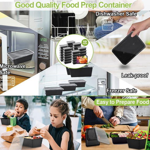 50-Pack Food Prep Containers, 1000ML/34 OZ, Microwavable with Lids, Reusable Plastic Lunch Boxes