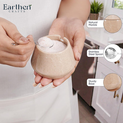 3 Inch Counter, 3 OZ Marble Salt Cellar with Lid Beige Handmade Salt Box, Seasoning Container & Spice Jar with Spoon