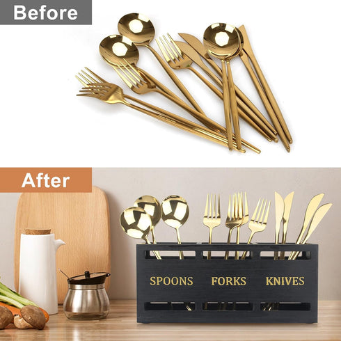 Ayiaren Wooden Cutlery Silverware Holder, Black Utensil Caddy for Kitchen Counter, Tabletop Organizer for Parties