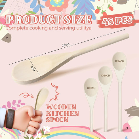 Nosiny 48 Pcs 8, 10, 12 Inch Wooden Spoons Gifts for Mom Oval Wooden Cooking Spoons Set Wood Serving Spoon Sauce Soup Stirring Ladle for Kitchen Cooking Baking Stirring Eating Tasting Cookware