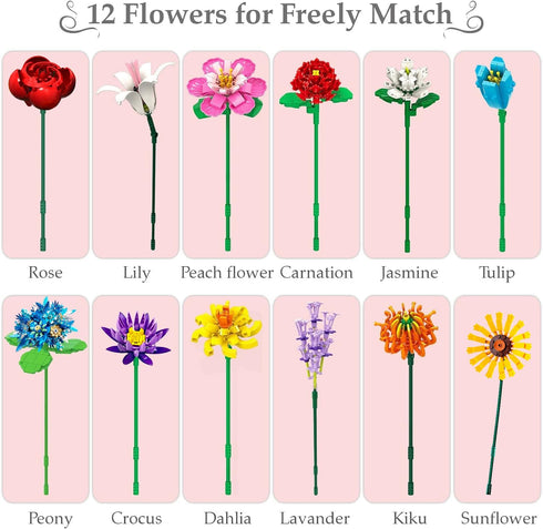 Flowers Bouquet Building Set, 980 PCS - 12 Kinds of Flowers, Botanical Collection for Mother's Day, Birthdays, Gifts