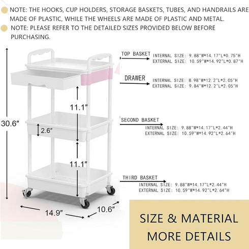 3 2 Goovilla Tier Rolling Utility Cart Organizer with Removable Drawer, Stable and Sturdy White Rolling Storage Carts