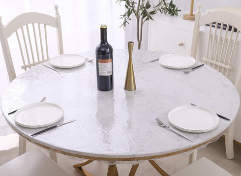 Clear Round Vinyl Fitted Tablecloth - Waterproof Oilcloth Heavy Duty Elasticized Table Cover for Round Table