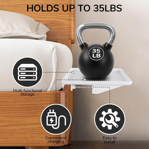 LOREEOU 35lbs Bedside Shelf for Bunk Beds & Top Bunk, Clip On Nightstand with Cable Catch, White, Capacity, College