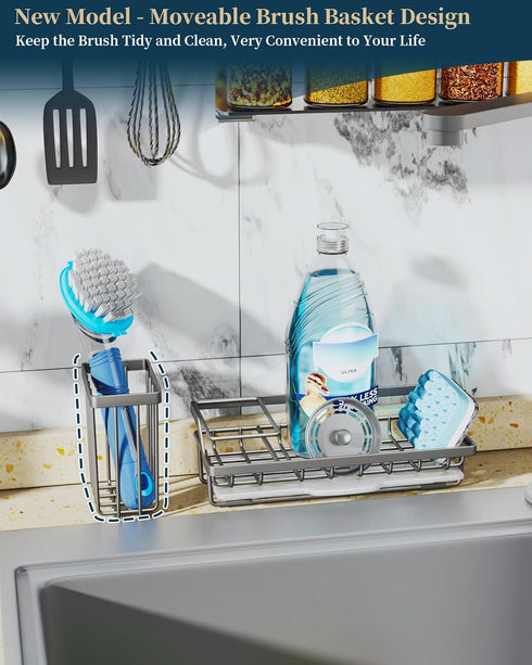 Consumest Sponge Holder for Kitchen Sink, Sink Caddy Kitchen Sink Organizer with Removable Drip Tray for Countertop Dish Soap Holder Dispenser Brush Holder, 304 Stainless Steel - Sand Nickel by Consumest