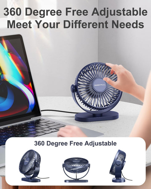 SWEETFULL USB Desk Fan, Small Quiet 3 Speeds Mini Portable Fan, 5 Inch 360° Rotation for Office Desktop (Blue)
