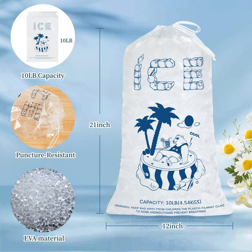 Ice Bags 10 Lb. with Drawstring, 50 Pack Ice Bags for Ice Machine, Heavy-Duty Reusable Ice Cube Bags, 21 x 12 inch Portable Storage and Freezer Keeper by ENNIYU