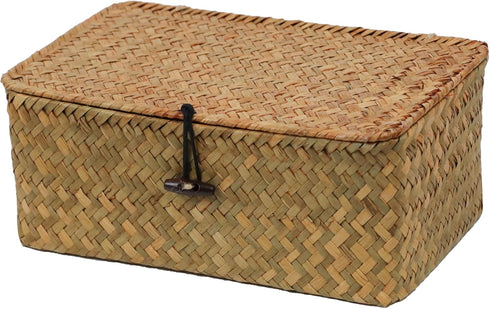 Wicker Basket with Lid, Natural Seagrass Storage Baskets for Organizing, Decorative Boxes Bins with Lids Home Decor