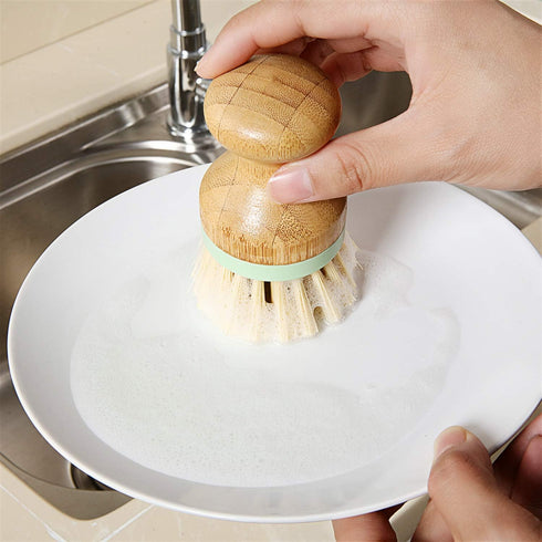 4 Pieces Bamboo Dish Scrub Brush, Wooden Round Scrubbers, Stiff Bristles for Wash Dishes, Kitchen