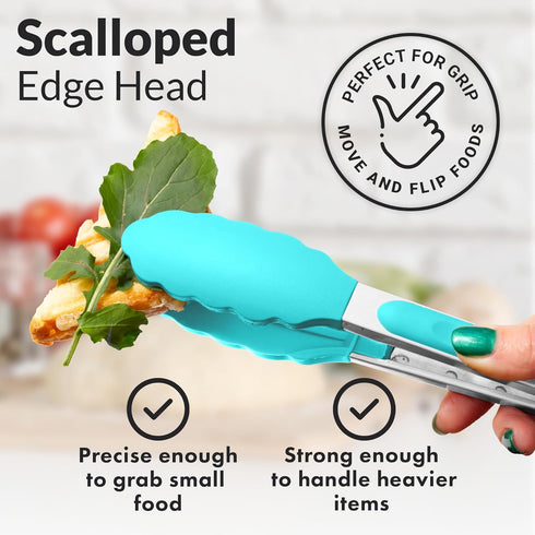 Zulay Stainless Steel Kitchen Tongs with Silicone Tips, Set of 2 (9” & 12”), Locking Cooking Tongs, Silver/Aqua Sky
