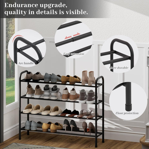 AUGOHCMIL 4-Tier Closet, Expandable Shoe Rack, Metal Small Shoe Rack, Adjustable Shoes Organizer, Storage Shelf