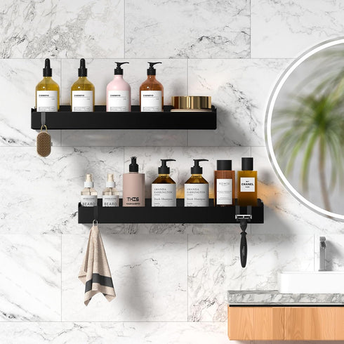 Wisfame Black,40cm 8 2 Pack Shower Caddy Adhesive Shower Shelve with Large Capacity, Quick-Dry Metal Bathroom Shelves