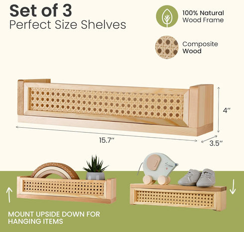 3 Pack, 16 Inch Rattan Wall Shelf Floating Shelves for Nursery, Boho Bookshelf for Baby Room Decor