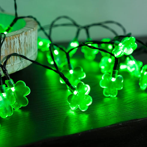 2 Pack 50 8 Dazzle Bright LED St. Patrick's Day Shamrock String Light, Battery Operated Clover String Lights