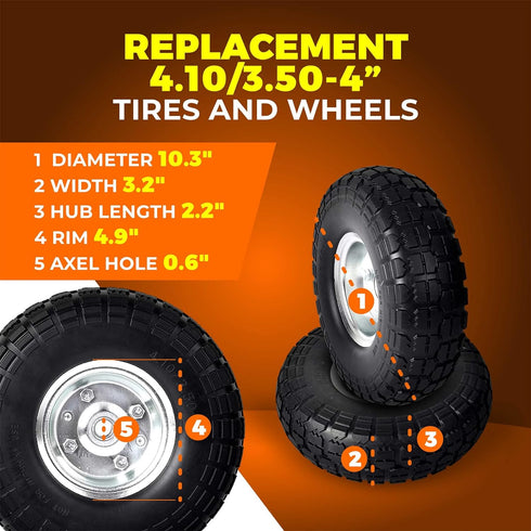 (2-Pack) 10-Inch 4.10/3.50-4" 5/8" 2.2" Offset Wheelbarrow, AR-PRO Solid Rubber Tire Wheels - Replacement Flat Free