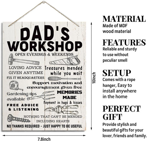 Dad Gift, Dad's Workshop Sign, Father's Day Gift Idea for Dad from Daughter Son, Rustic Hanging Wood Plaque Sign, Inspirational Decor, Dad Garage Decor, Tool Room Decor, Woodworking Lover Gift