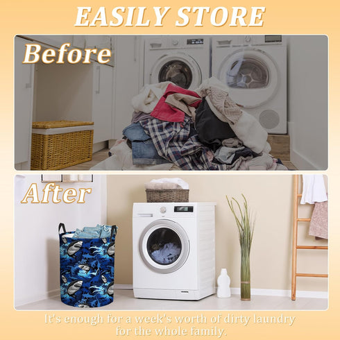 Blue Shark Foldable Laundry Basket, Waterproof Oxford Cloth, Funny Tote Bag for Dirty Clothes, 15.7"x19.6"