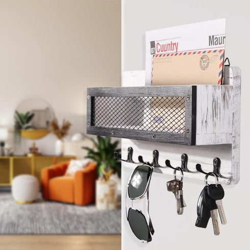 ADIIL Mail and Key Holder for Wall, Decorative Wooden Wall Key Rack Organizer with 4 Double Key Hooks, White