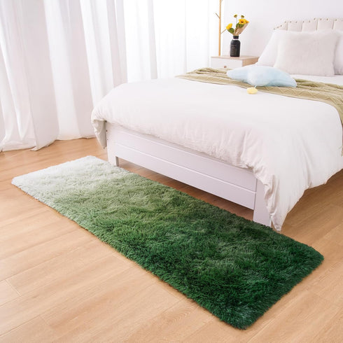 DweIke Luxury Shag Area Rug, 2x6 Feet Gradient Dark Green Rug Runner, Non-Slip Extra Comfy Plush Bedroom Decor