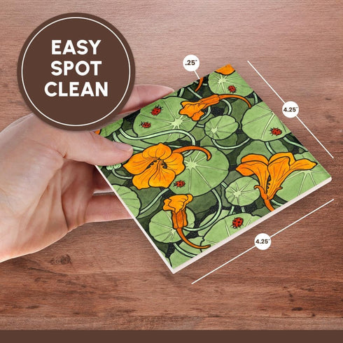 3dRose Art Nouveau Orange Nasturtium Flowers with Ladybirds, Ceramic Tile Coasters, Set of 4