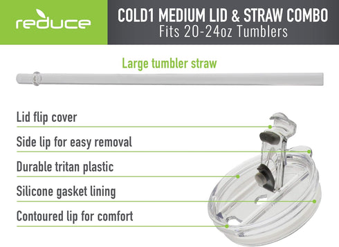 REDUCE Cold1 Tumblers or Mugs Replacement Lid (20-24oz) and Straw Set, Clear, BPA Free