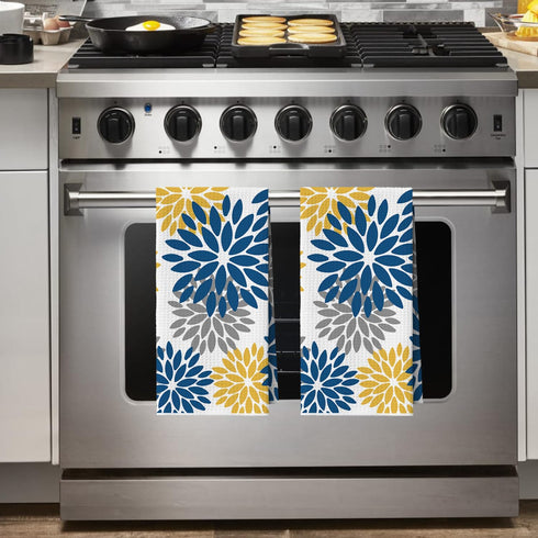 12x24 Inch Set 2 Artoid Mode Dark Blue Dahlia Floral Bar Kitchen Towels, Quick Dry Microfiber Cloth Dish Towels