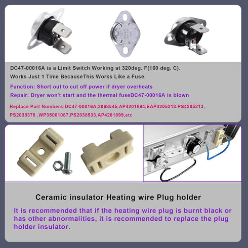 Dryer Heating Element (DC47-00019A) for Samsung, Thermal Fuse (DC96-00887A) and Thermostat (DC47-00018A) Dryer Repair