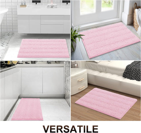 Grandaily Chenille Striped Bathroom Rugs, Extra Thick Non-Slip Soft Plush Bath Mats, Pink 30x20