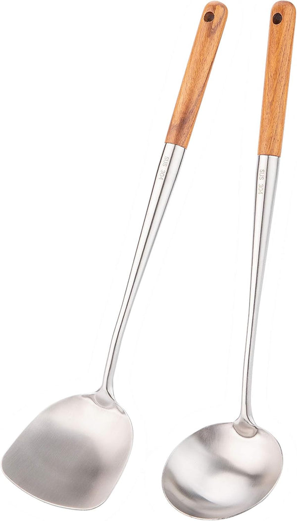 FJNATINH Wok Spatula and Ladle Tool Set, 17in Stainless Steel Spatula and Soup Ladle