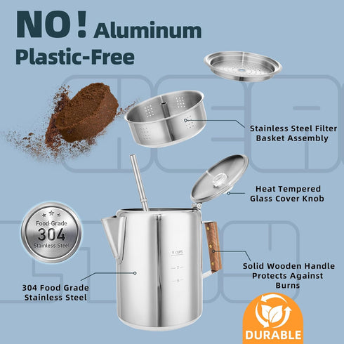 MEREZA Camping Coffee Pot, Stovetop Percolator, Stainless Steel Coffee Pot for Camping, 9 Cup, Fast Brew