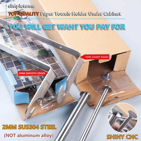 SUS304 simpletome Kitchen Paper Towels Holder Under Cabinet Adhesive or Drilling Installation Brushed Stainless Steel