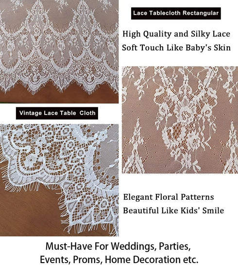 ShinyBeauty White Lace Party Tablecloth, Rustic Floral Fabric Rectangle Table Cover for Baby Tea Party