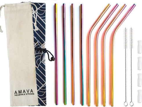 Reusable Straws Set, Stainless Steel Metal, Colorful, Includes 8 Straws, 4 Silicone Tips, 2 Cleaning Brushes, Travel