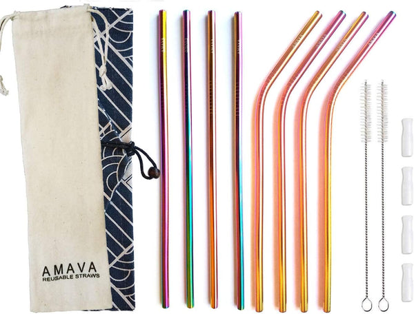Reusable Straws Set, Stainless Steel Metal, Colorful, Includes 8 Straws, 4 Silicone Tips, 2 Cleaning Brushes, Travel