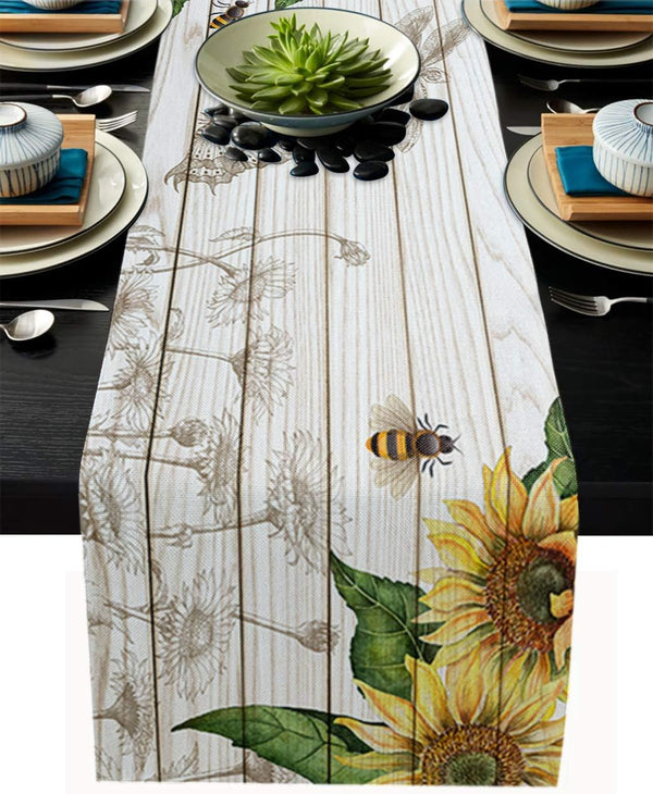 Summer Table Runner - Sunflower with Bees Wood Background, 13"X90" Farmhouse Style for Dining Room, Kitchen, Holiday