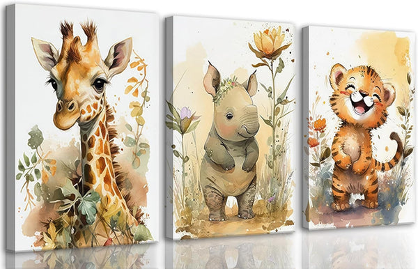 HKMXCD 3Pcs Safari Nursery Canvas Wall Art watercolor baby Animal Wall Decor