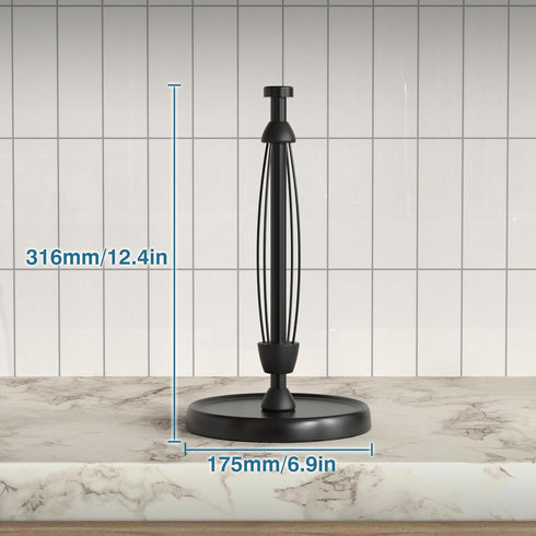 Black Paper Towel Holder Countertop, One-Handed Tear Stand with Ratchet Mechanism, Stainless Steel Weighted Base