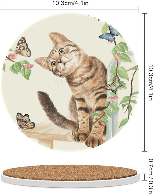Set 6, 4 Inch Cat with Butterflies Coasters for Drinks of Absorbent Diatomite Ceramics Coasters for Coffee Table