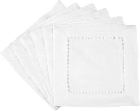 CleverDelights 6" White Cotton Hemstitch Cocktail Napkins - 12 Pack, 100% Cotton