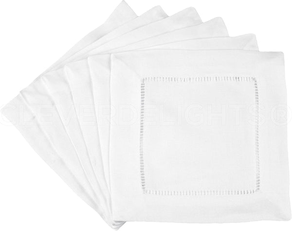 CleverDelights 6" White Cotton Hemstitch Cocktail Napkins - 12 Pack, 100% Cotton