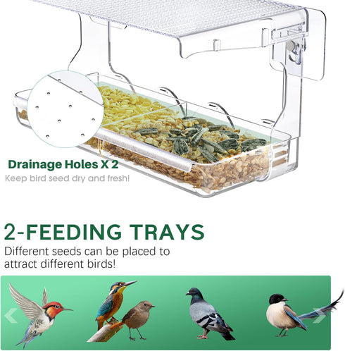 Window Bird Feeder for Outdoors - Clear Mounted Feeders with Self-Adhesive Hooks for Wild Bird Watching